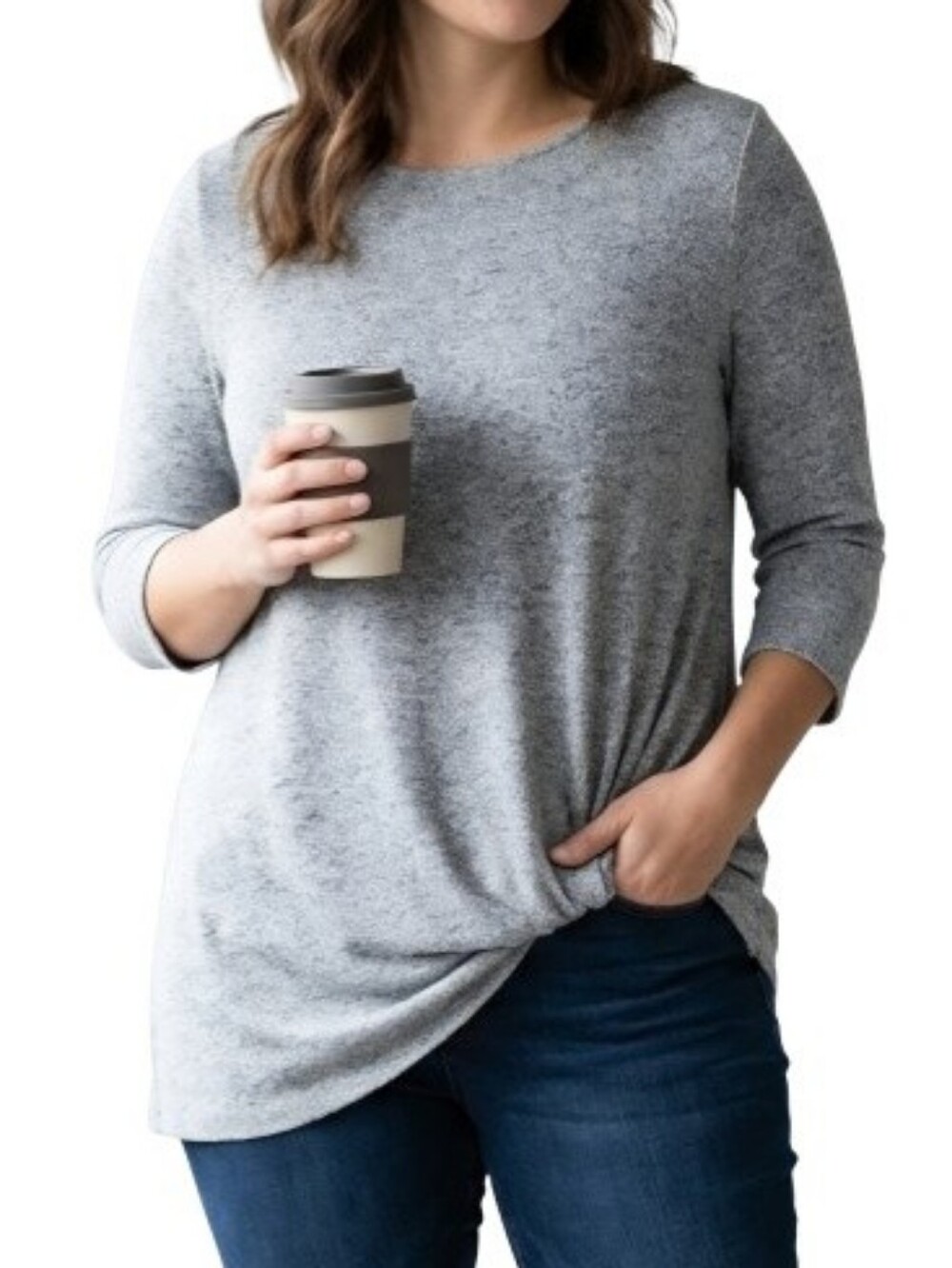 Gibson Gray Knit Top Knot Twist Hem 3/4 Sleeves Solid Blouse